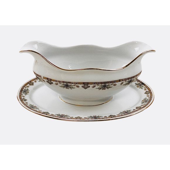 Royal Beyreuth Gravy Boat Bavaria Porcelain Gold Trim Floral Attached Underplate - Picture 1 of 9